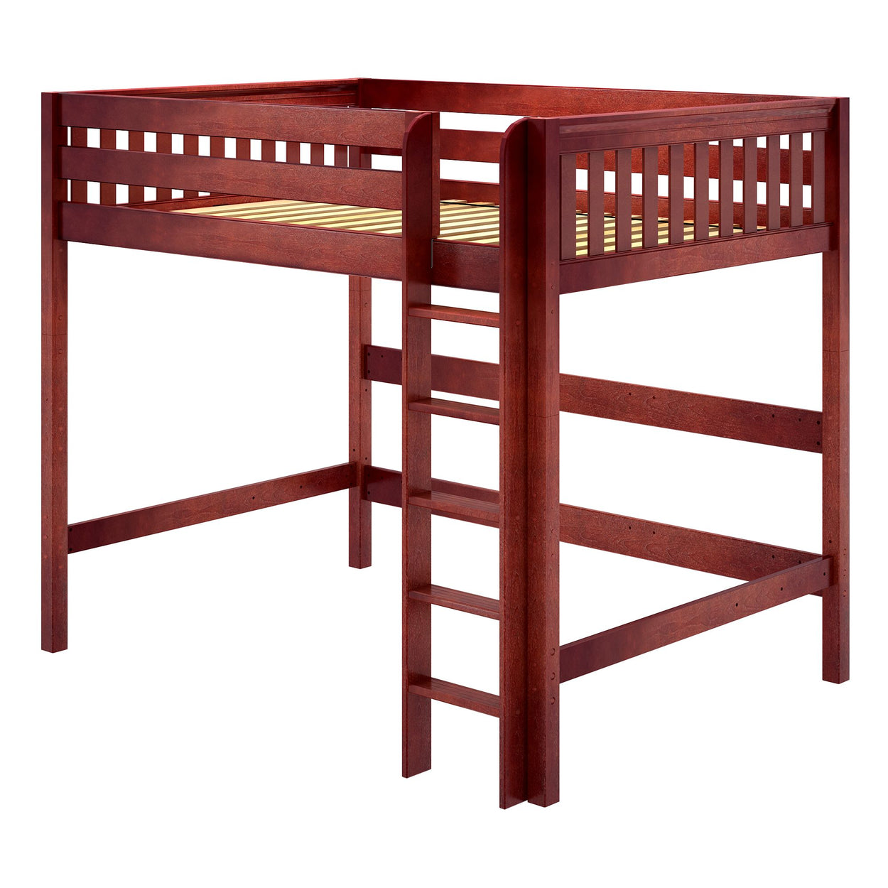 Wooden loft bed frame with ladder in a rich brown finish.