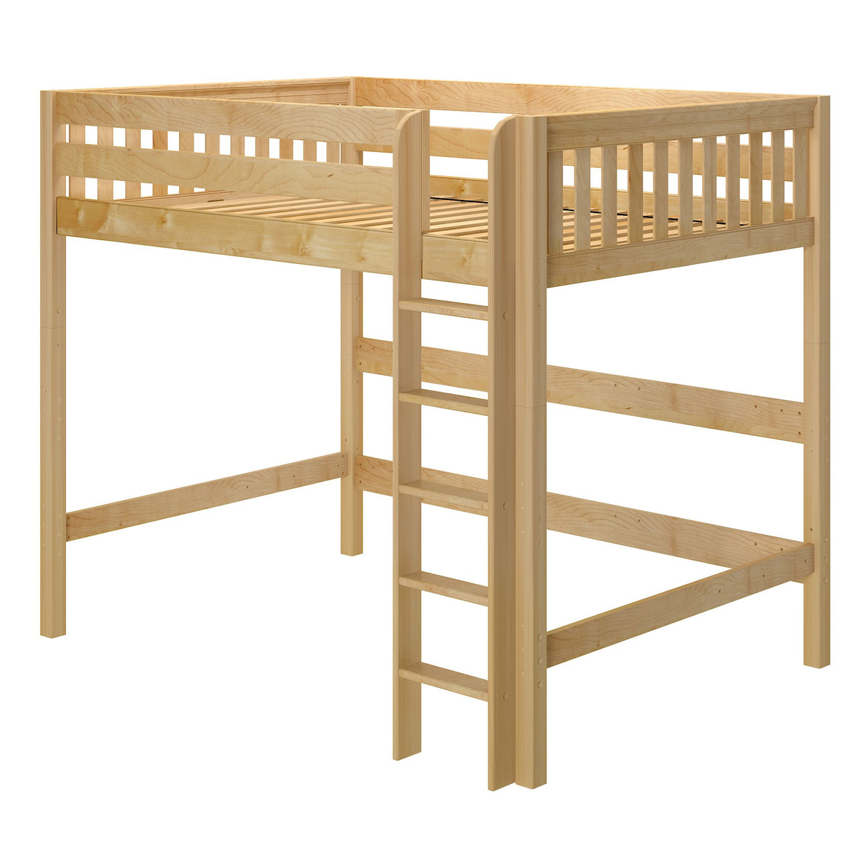 Wooden loft bed with integrated ladder for space-saving bedroom solutions.