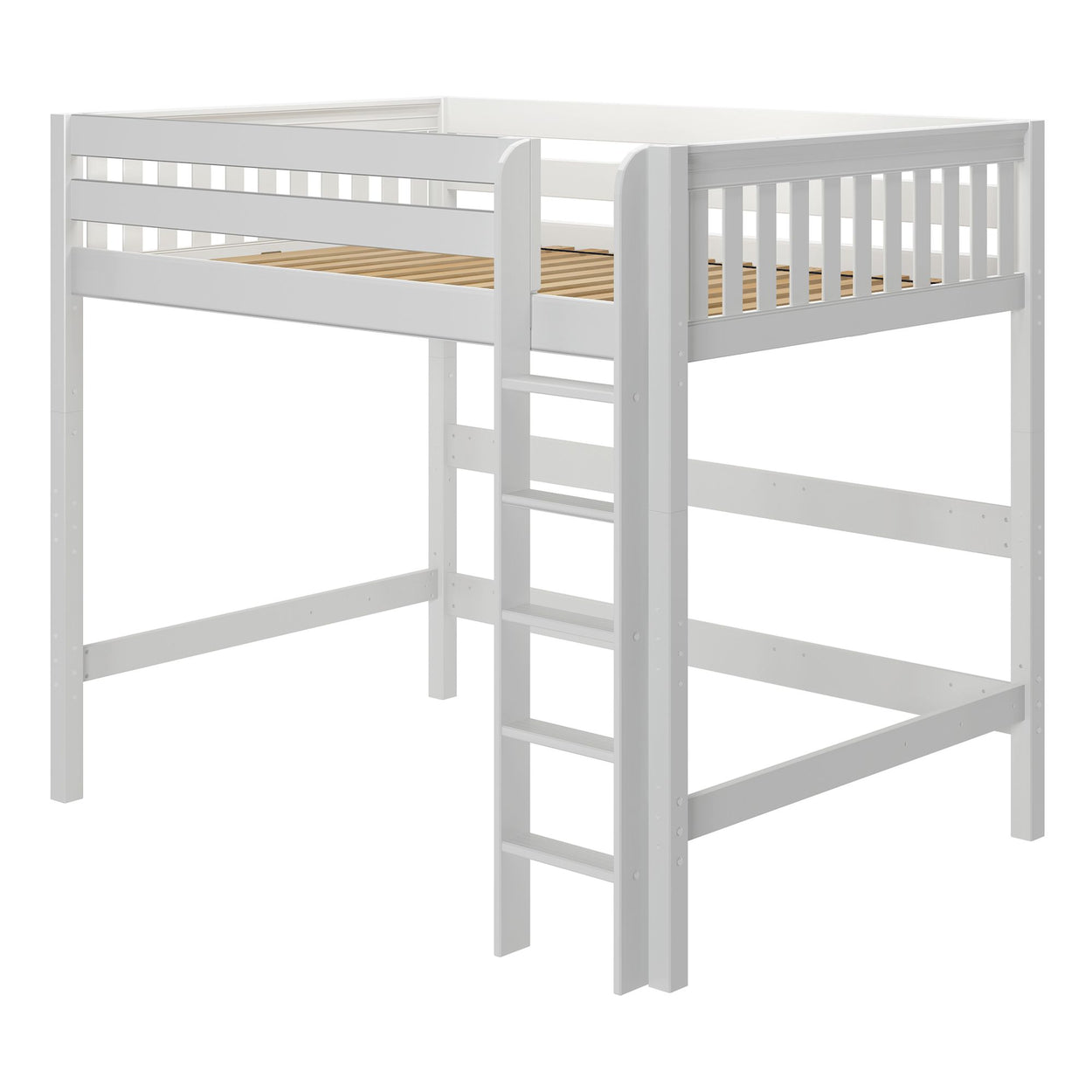 White wooden loft bed with ladder for children's bedroom.