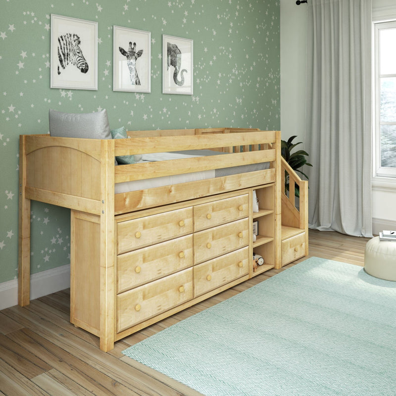 Wooden loft bed with integrated dresser and staircase in a children's room with star-patterned wallpaper.