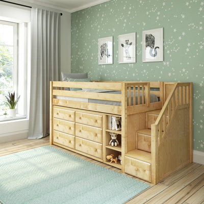 Children's wooden loft bed with storage drawers and staircase in a cozy bedroom with star-patterned wallpaper.