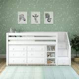 GREAT1 WP : Storage & Study Loft Beds Staircase Low Loft Bed with Bookshelf & 2 Dressers, Twin, Panel, White
