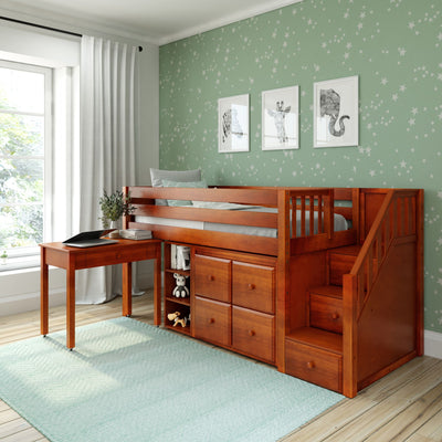 Kids' wooden loft bed with desk and storage in a star-themed bedroom.
