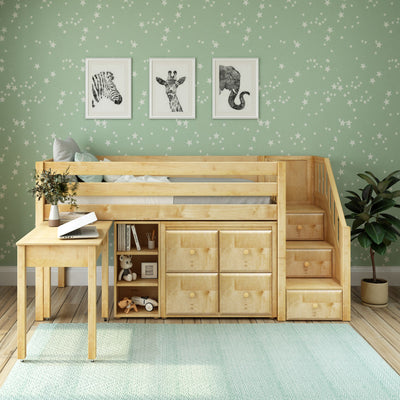 Children's wooden loft bed with storage shelves and drawers, star-patterned wallpaper, and green rug in a cozy kids' room.