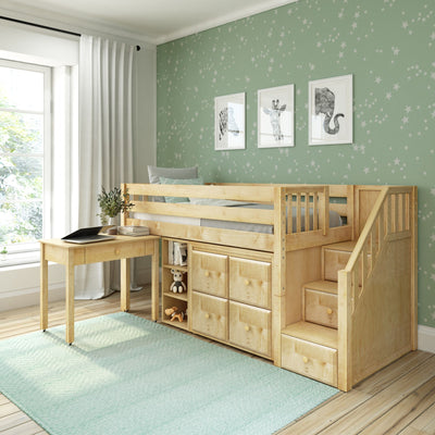 Wooden loft bed with storage drawers and desk in kids' room with star-themed wallpaper.