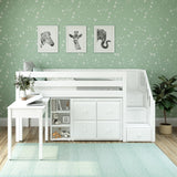 GREAT4 WP : Storage & Study Loft Beds Twin Low Loft Bed with Stairs, Storage + Desk, Panel, White