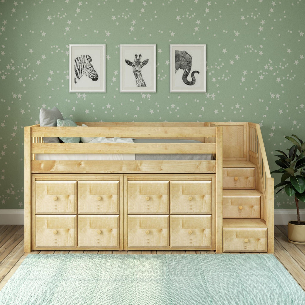 GREAT5 NS : Storage & Study Loft Beds Twin Low Loft Bed with Stairs + Storage, Slat, Natural