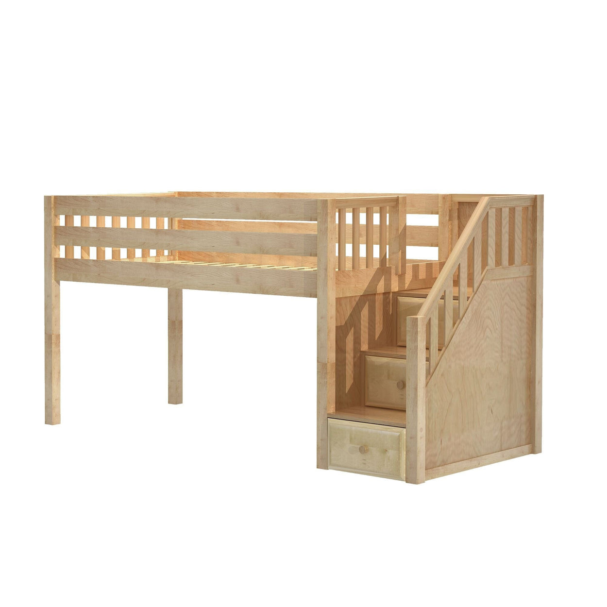 Light wood twin loft bed with staircase, built-in storage drawers and guardrails — space-saving kids bedroom furniture