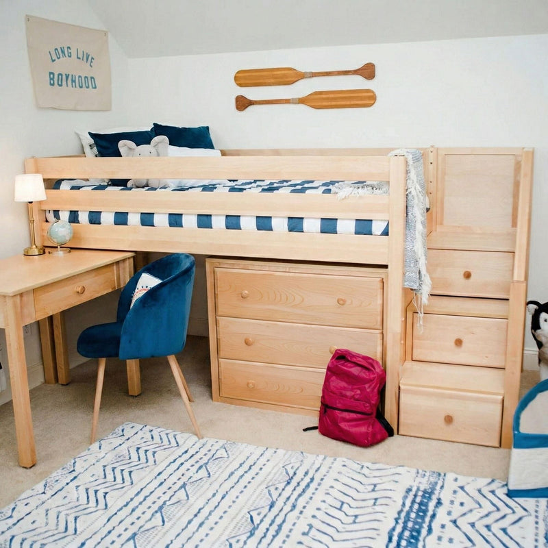 Nautical-themed kids loft bunk bed with blue striped bedding, wooden oar wall decor, study desk, teal velvet chair, globe lamp and pink backpack