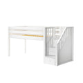 White wooden loft bed with staircase and built-in storage drawers, slatted mattress platform — space-saving kids' bedroom solution