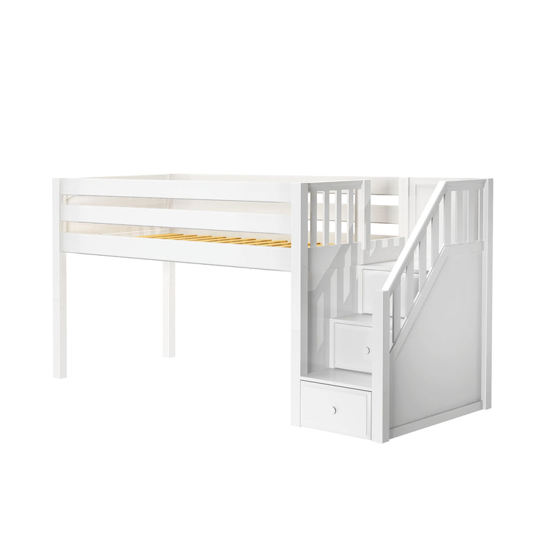 White wooden loft bed with staircase and built-in storage drawers, slatted mattress platform — space-saving kids' bedroom solution