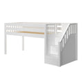 White wooden loft bed with built-in staircase and storage drawers, slatted mattress platform, space-saving kids' bunk bed