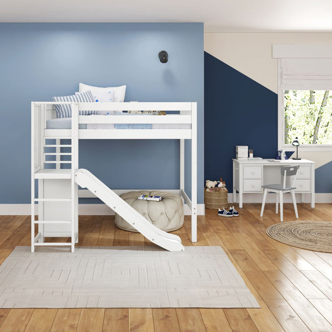 GROOVE WS : Play Loft Beds Full High Loft Bed with Slide Platform, Slat, White