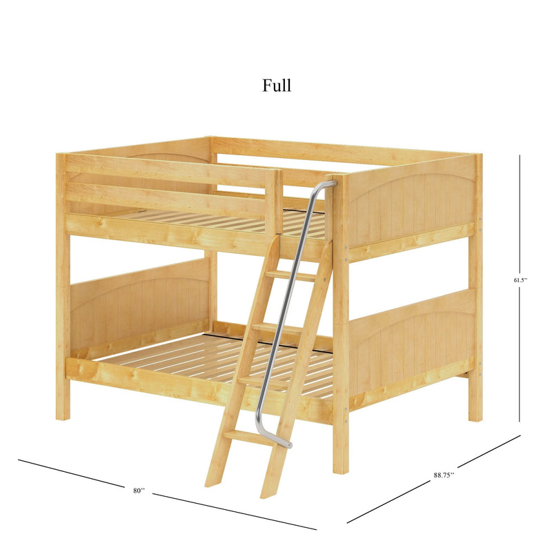 Natural wood twin-over-full bunk bed with angled ladder and metal handrail, solid slatted platform and safety guardrails, space-saving kids bedroom loft in light maple finish, dimensions 80" x 88.75" x 61.5".
