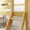 Wooden bunk bed ladder and guardrail in light maple finish with white striped bedding in a modern kids' bedroom