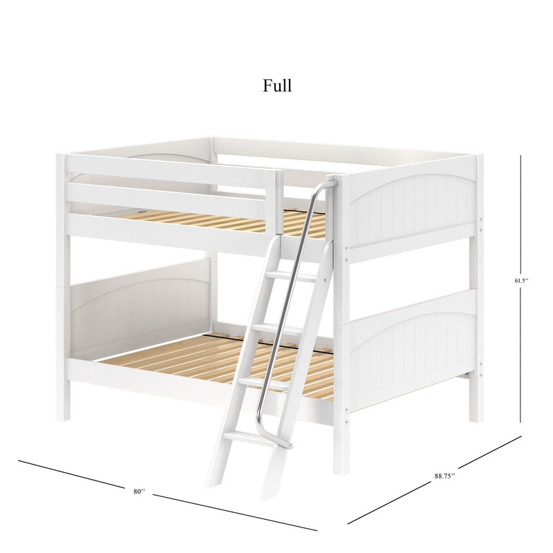 White wooden twin-over-full bunk bed with angled ladder and safety guardrails, slatted mattress support, arched panel headboards, 80″ x 88.75″ footprint, 61.5″ height