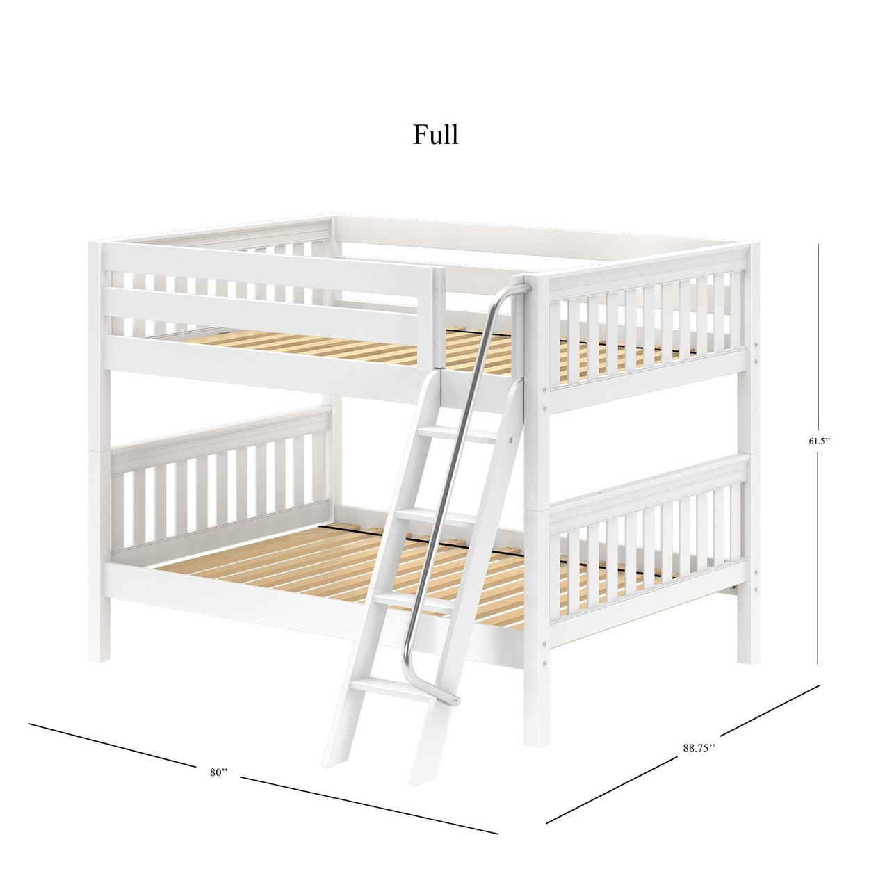 White full-over-full wooden bunk bed with slatted mattress platforms, high safety rails and angled ladder with metal handrail, modern design, dimensions 80 x 88.75 x 61.5 inches