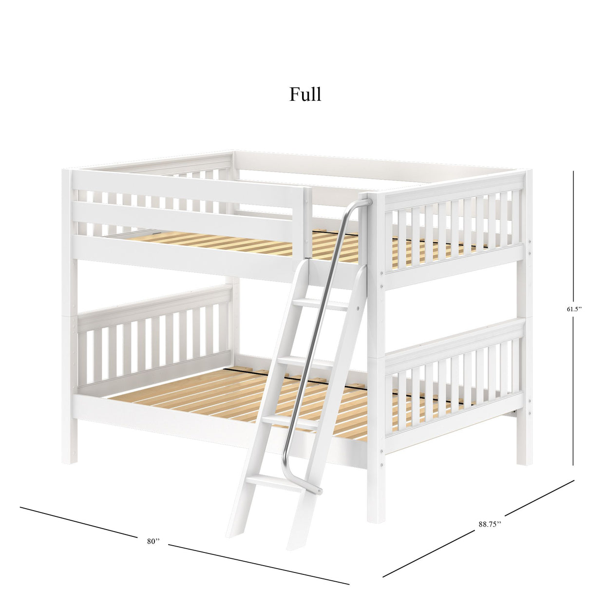 White full-size bunk bed with ladder; dimensions 80" x 88.75" x 61.5"; ideal for maximizing bedroom space.