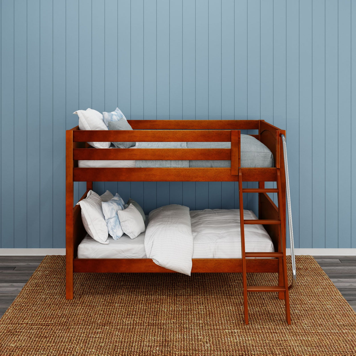 Wooden bunk bed with white bedding and ladder in a modern blue bedroom.
