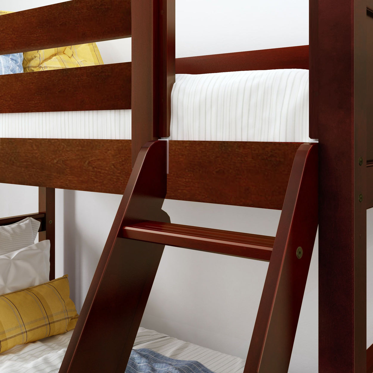 Wooden bunk bed with ladder and striped bedding in a modern bedroom setup.