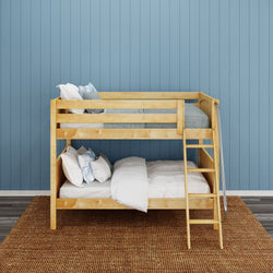 Wooden bunk bed with ladder against a blue wall in a cozy bedroom.