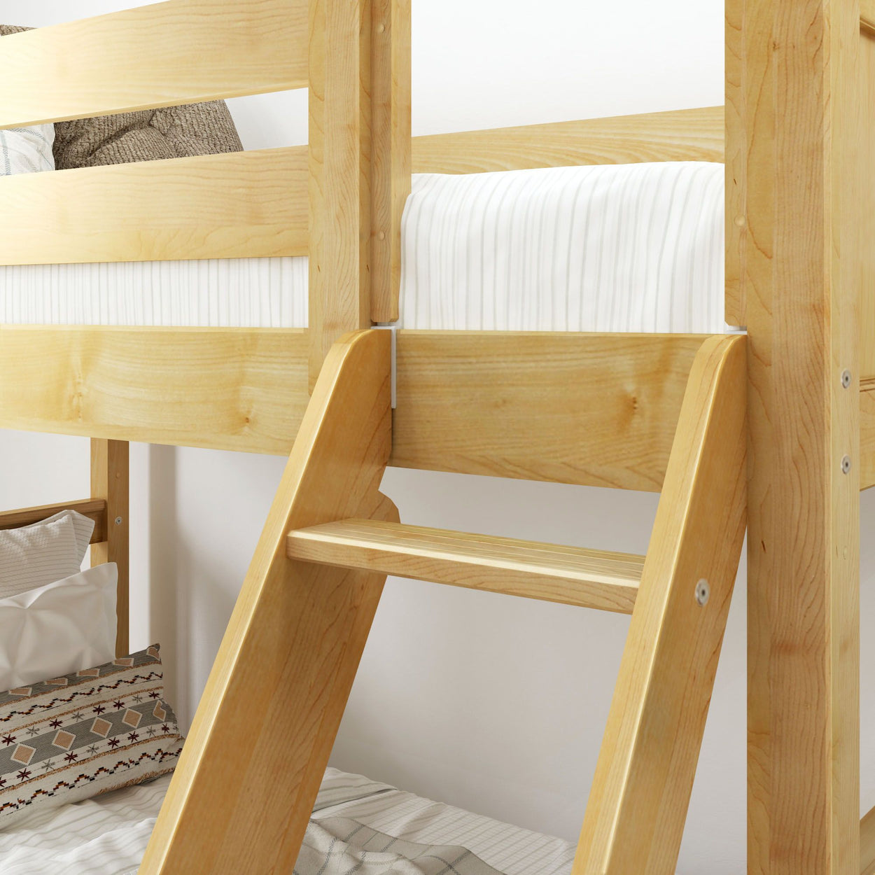 Wooden bunk bed with ladder and white bedding in a cozy bedroom.