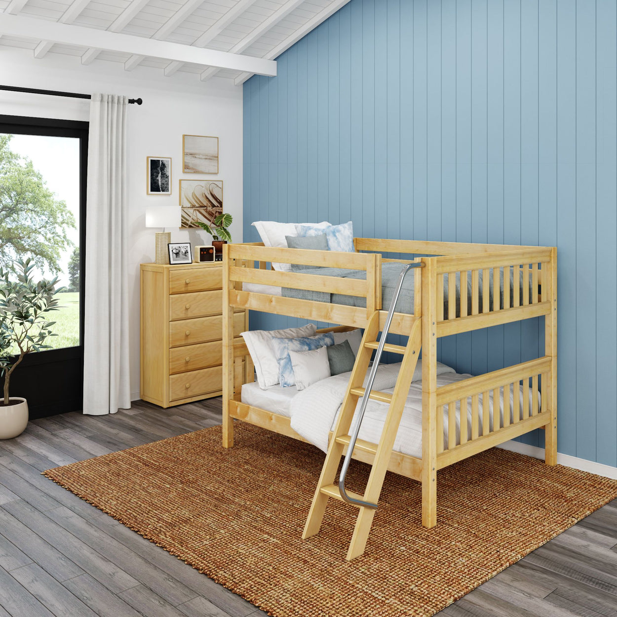 Wooden bunk bed with ladder and blue wall background in a stylish bedroom.