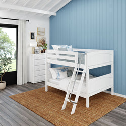White wooden bunk bed with ladder in blue-themed bedroom featuring wooden floor, woven rug, and natural light from large window.