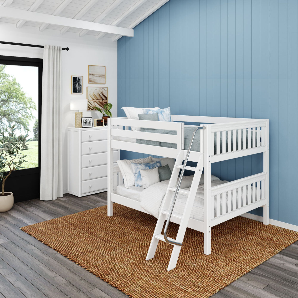 White wooden bunk bed in a modern blue-wall bedroom with brown rug and natural light.