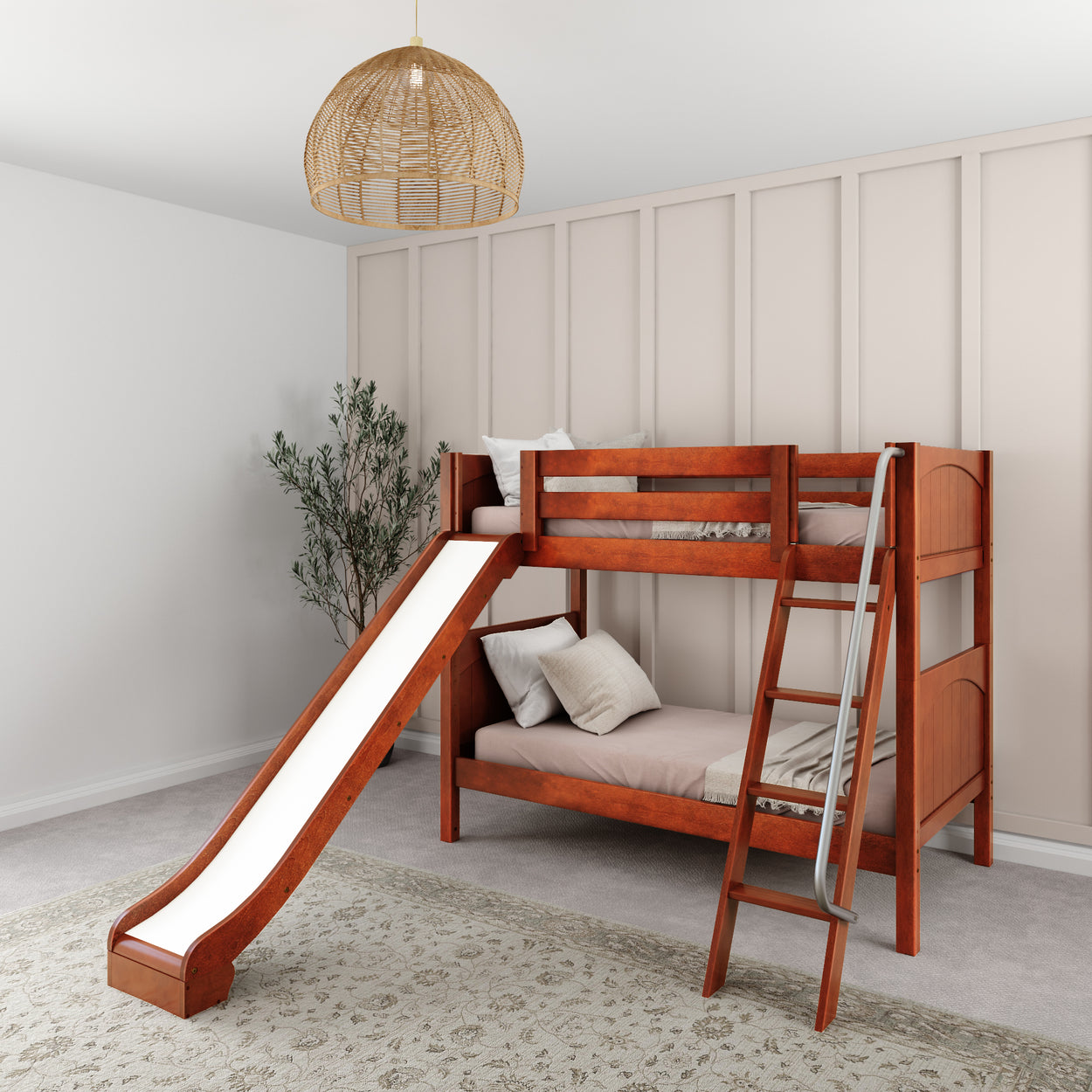 Wooden bunk bed with slide in a modern bedroom, featuring stylish design and comfortable bedding.