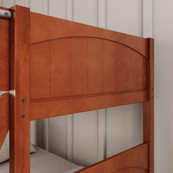 Wooden bunk bed close-up against a textured wall.