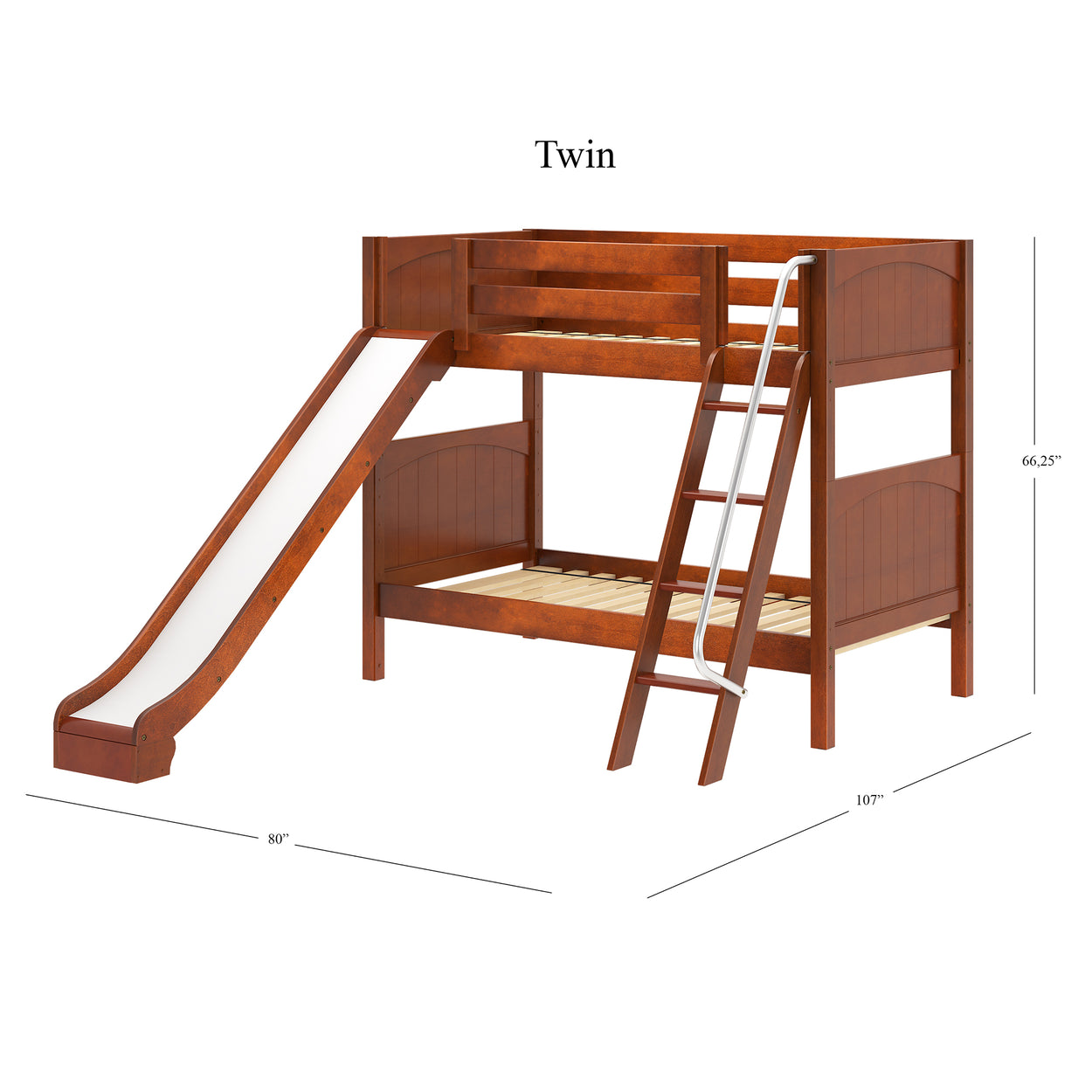 Twin bunk bed with slide and ladder, wooden finish, dimensions 80x107x66.25 inches.