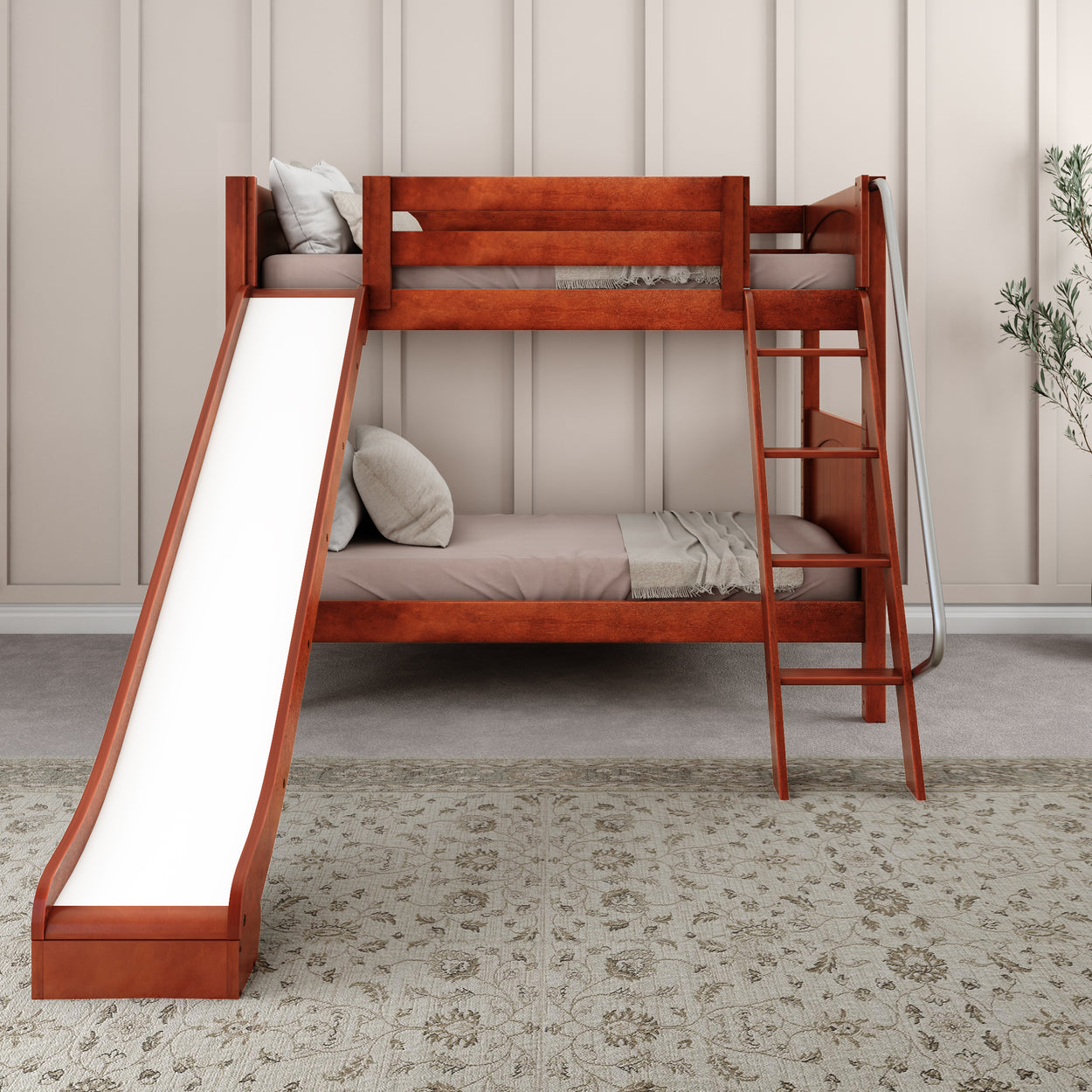 Wooden bunk bed with slide and ladder in a modern children's room.