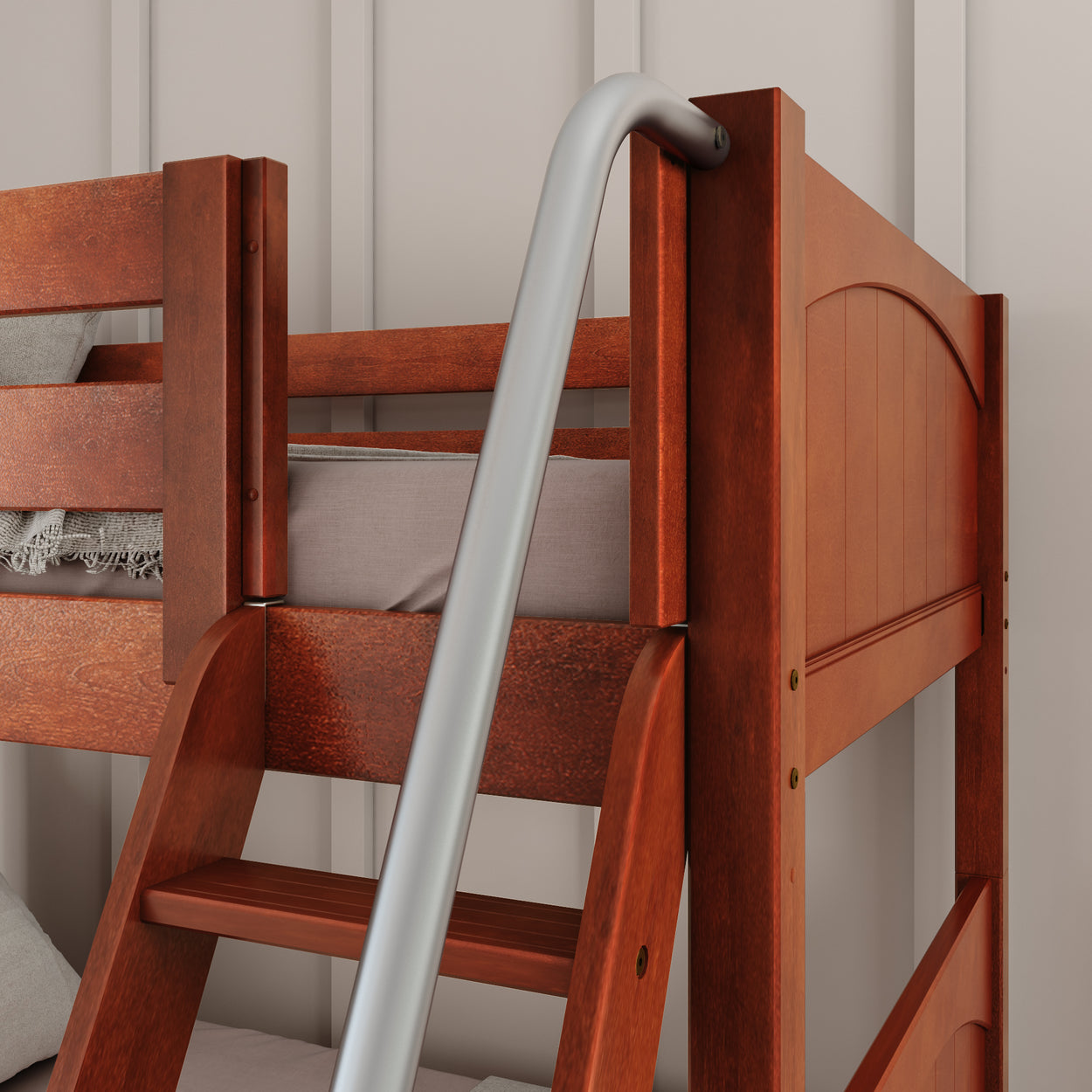 Wooden bunk bed with ladder in cozy bedroom setting.