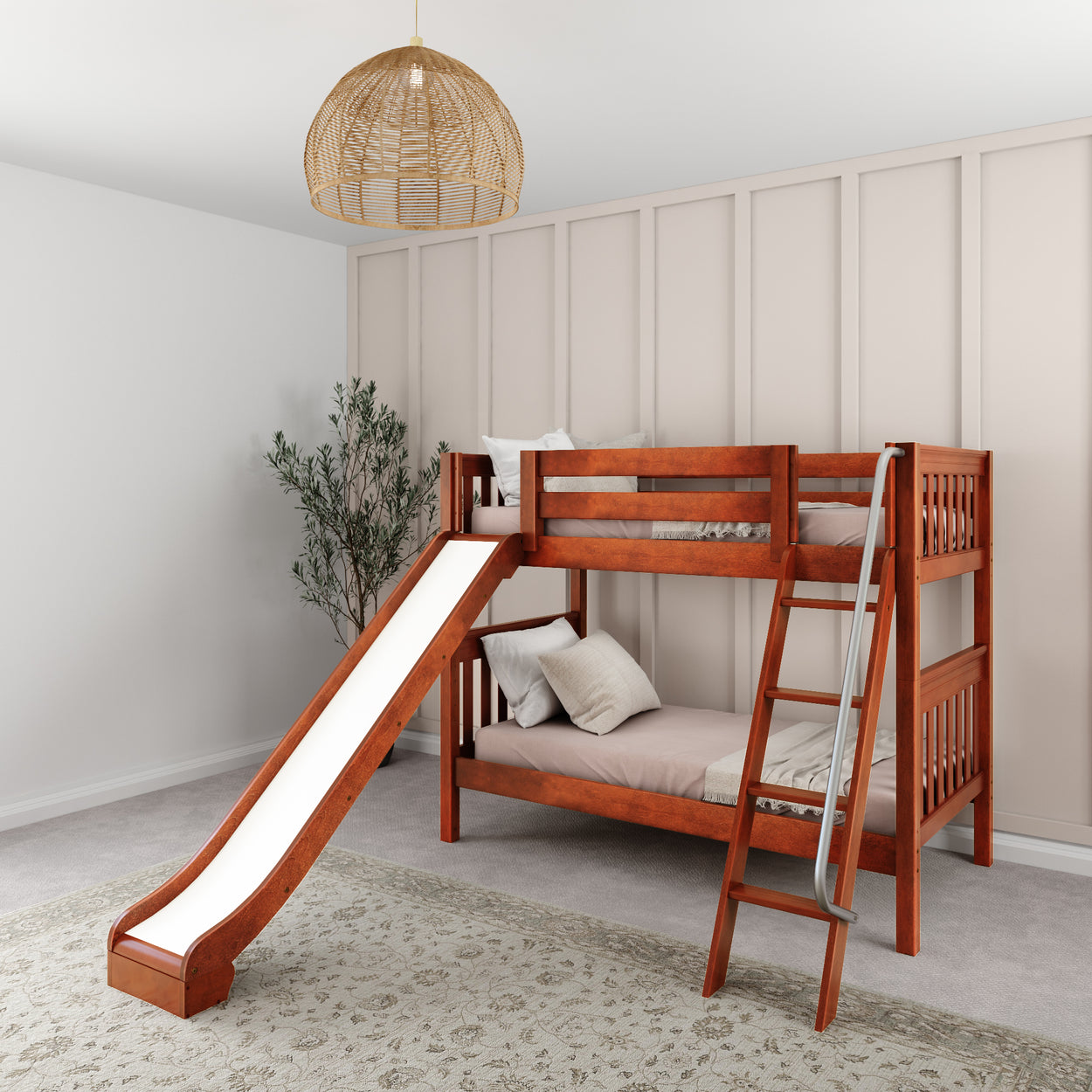 Wooden bunk bed with slide in modern bedroom setting.