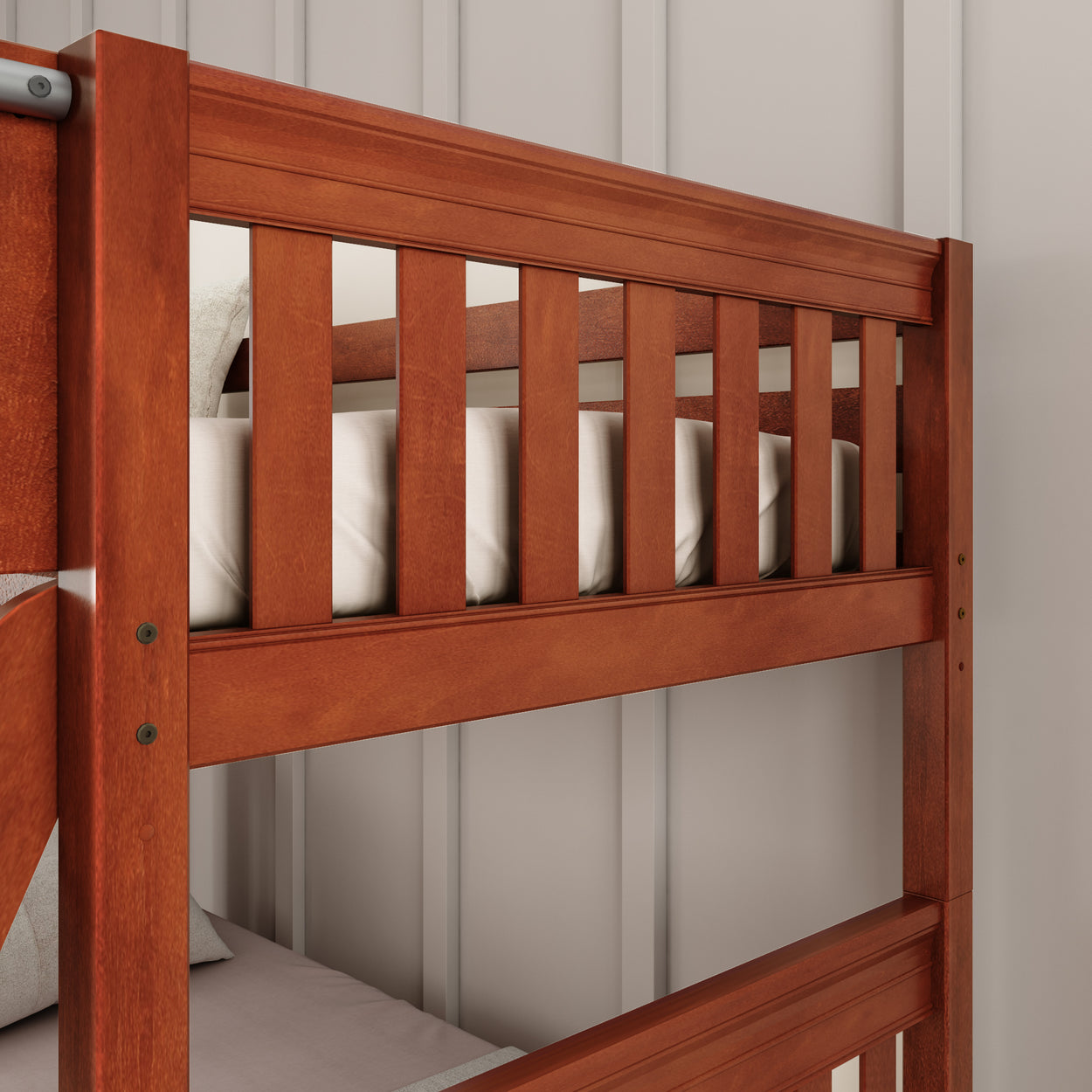 Wooden bunk bed with white bedding in a modern bedroom setting.