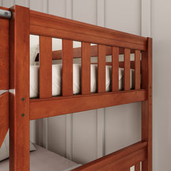 Wooden bunk bed with white bedding in a modern bedroom setting.