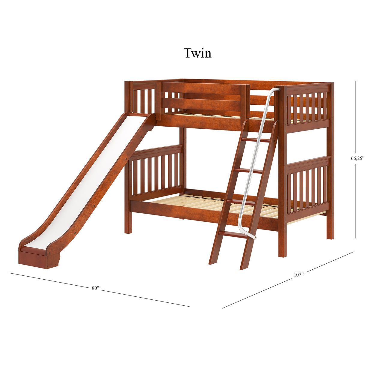 Twin wooden bunk bed with slide and ladder, dimensions 80" x 107" x 66.25", perfect for children's bedroom.