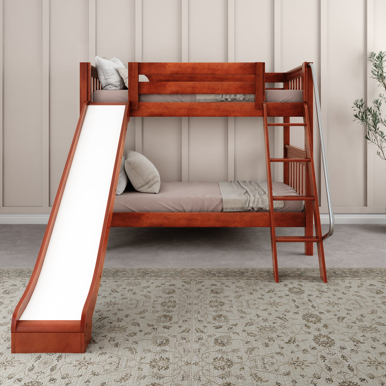 Wooden bunk bed with slide and ladder in modern children's bedroom.
