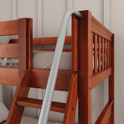 Wooden bunk bed with ladder in a modern bedroom setting.