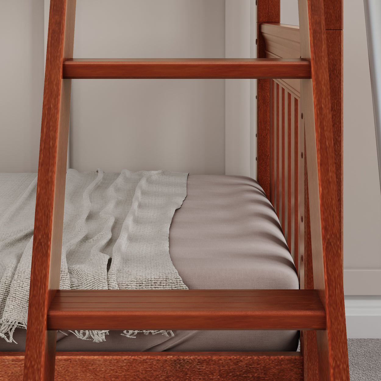 Wooden bunk bed with ladder and neatly made bed showcasing a cozy bedroom design.