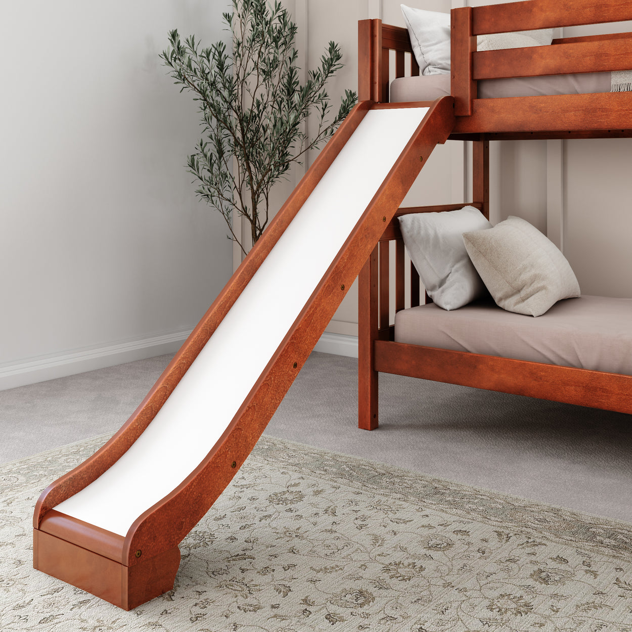 Wooden bunk bed with slide in modern bedroom setting.