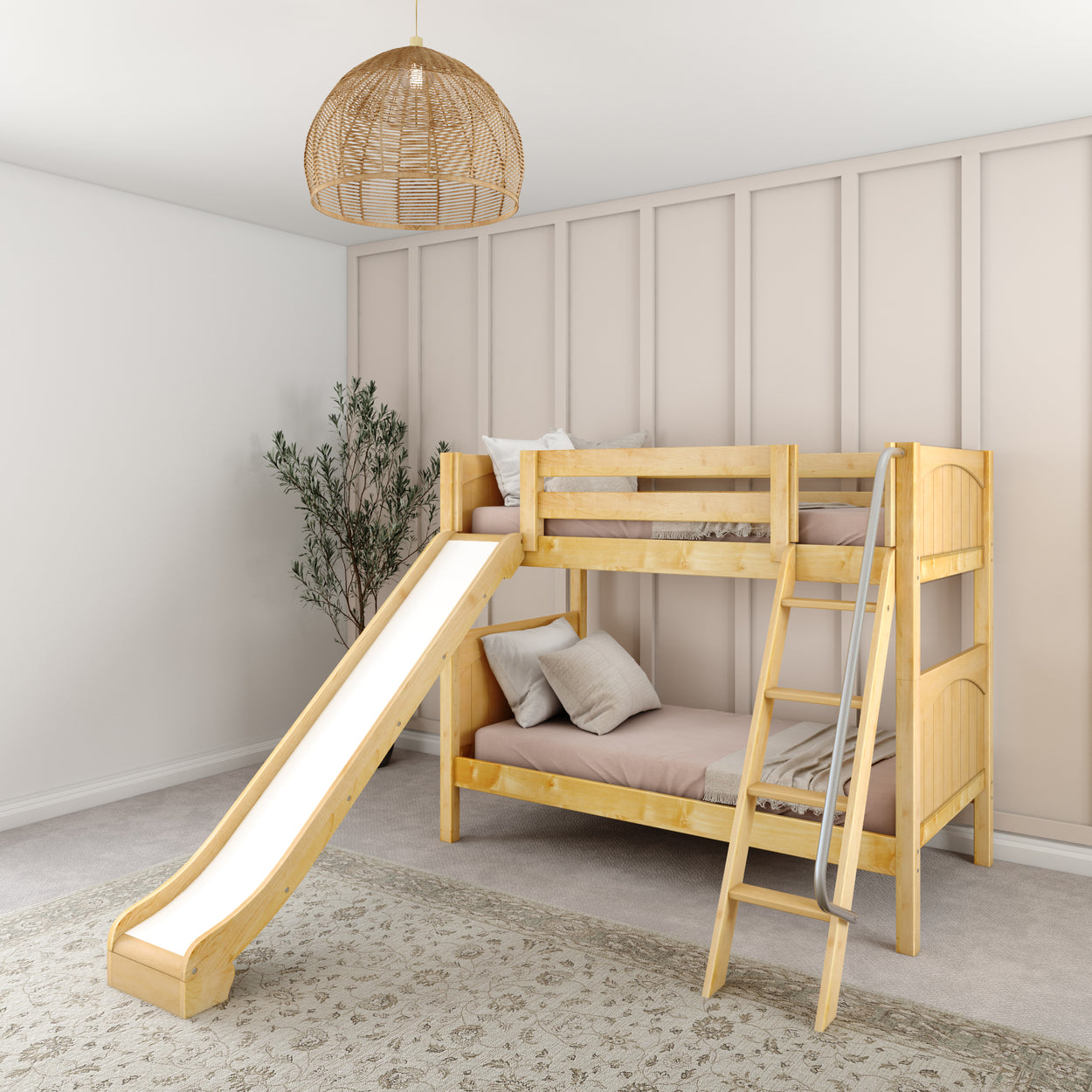 Wooden bunk bed with slide in a cozy children's bedroom.