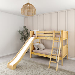 Wooden bunk bed with slide in a cozy children's bedroom.