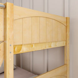 Wooden bunk bed frame with natural finish against a beige wall.