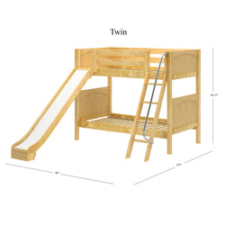 Wooden twin bunk bed with built-in slide and metal ladder, ideal for kids' bedrooms.