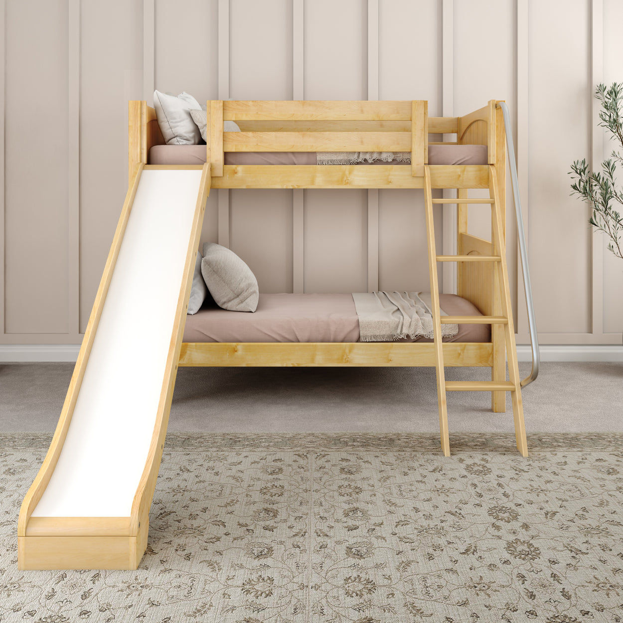 Wooden bunk bed with slide and ladder in a modern kids' bedroom.