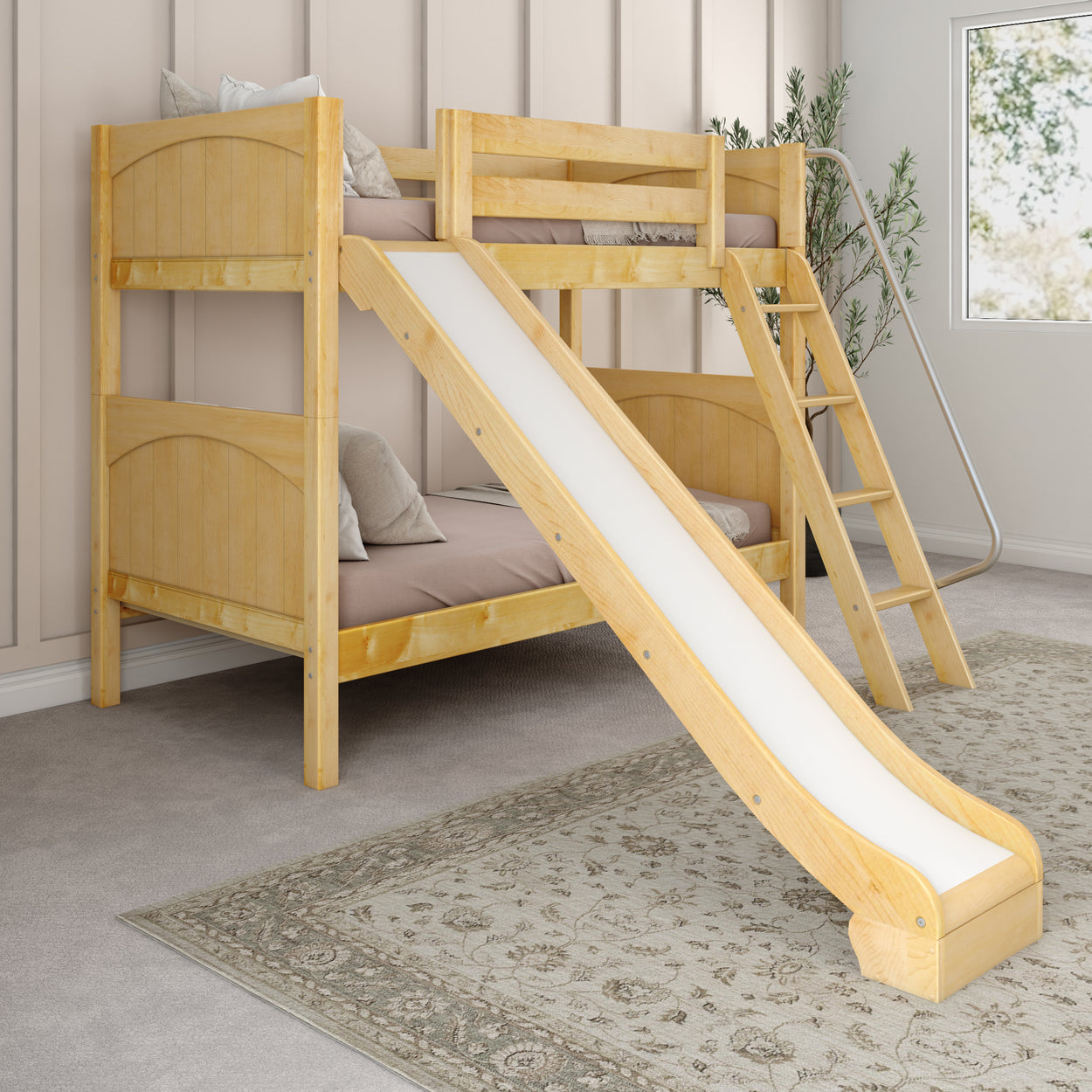 Wooden bunk bed with slide and ladder, perfect for kids' bedroom furniture.