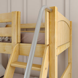 Wooden bunk bed with ladder in a cozy bedroom setting.