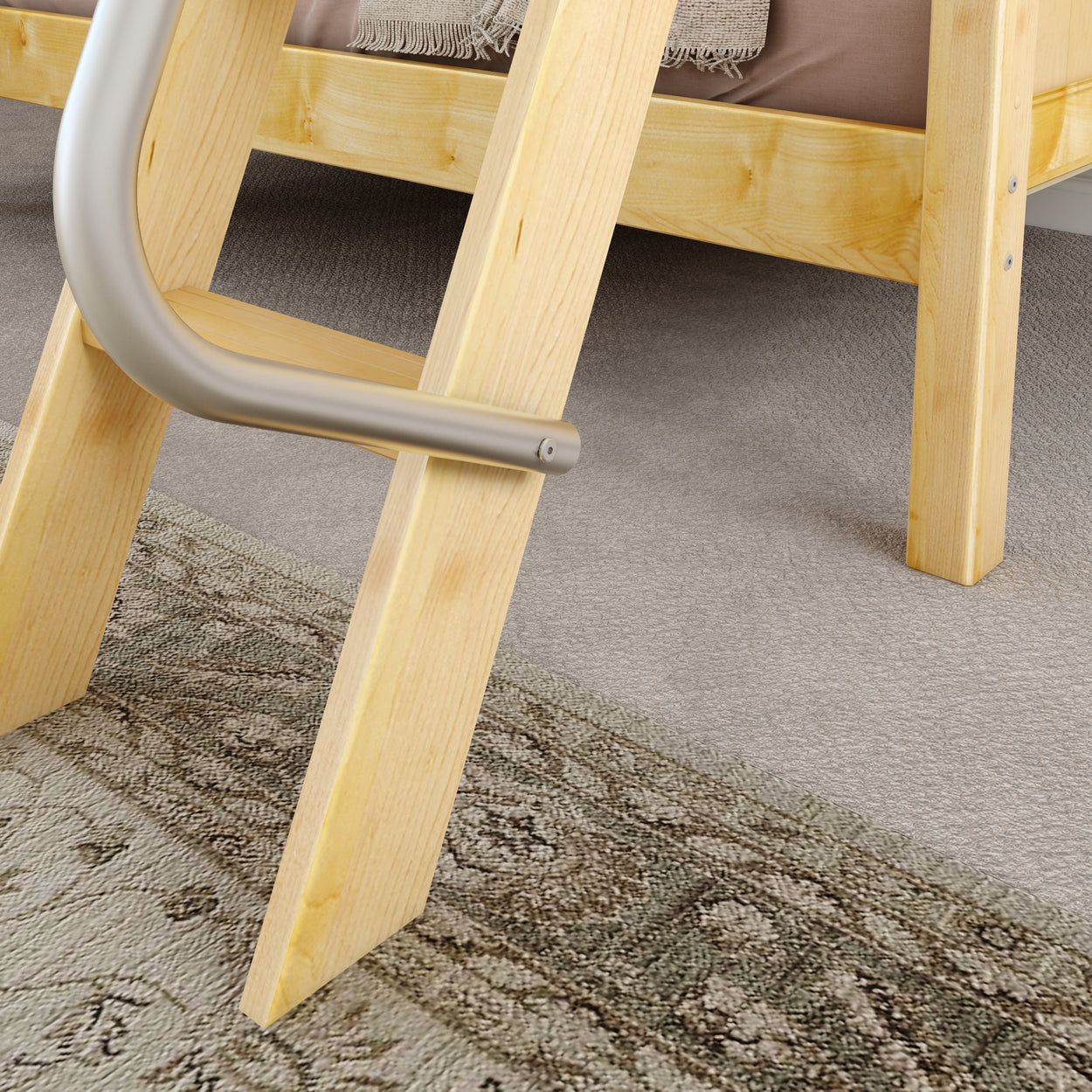 Wooden bed ladder with beige carpet and patterned rug.